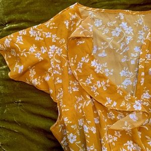 Golden yellow floral wrap dress